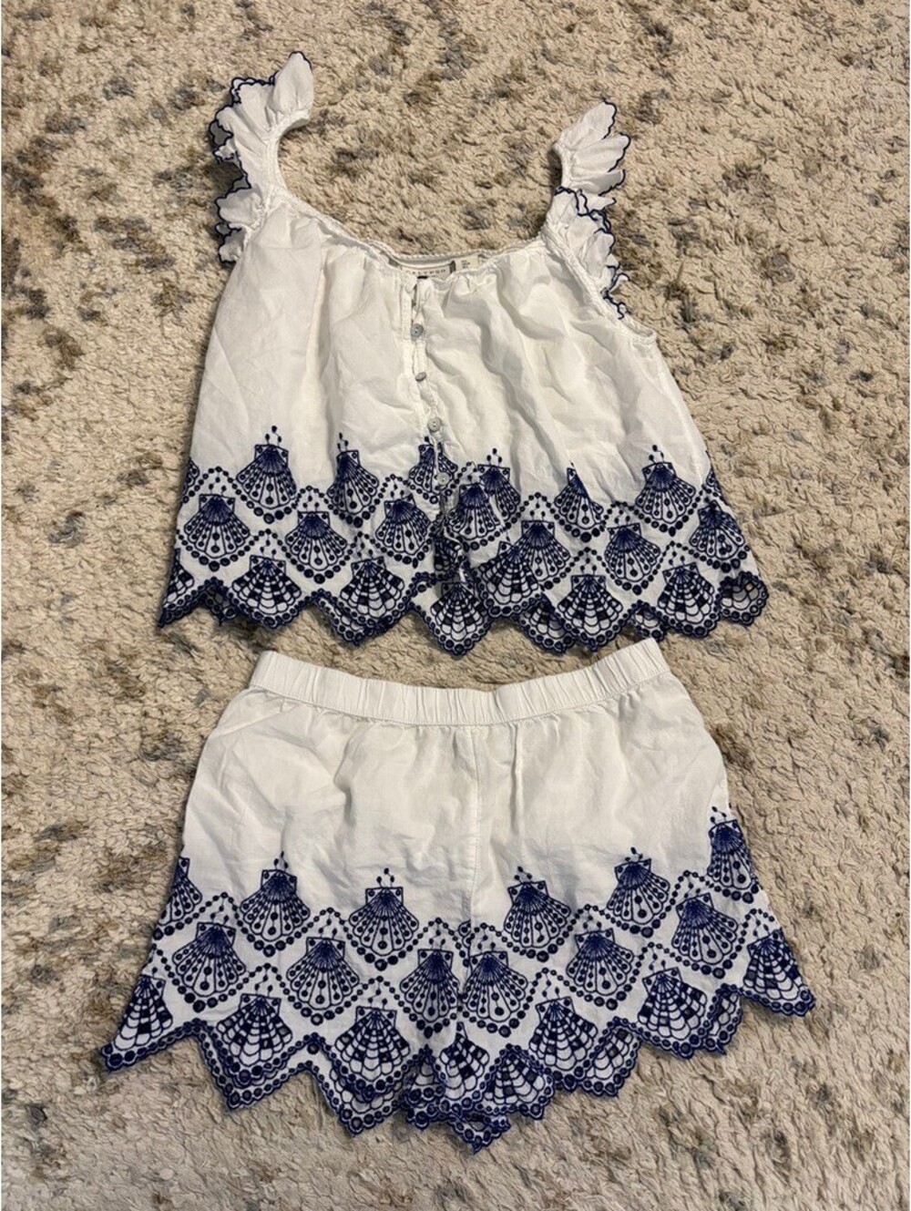 Calypso St. Barth White Blue Seashell Embroidered Cotton Pajama Set